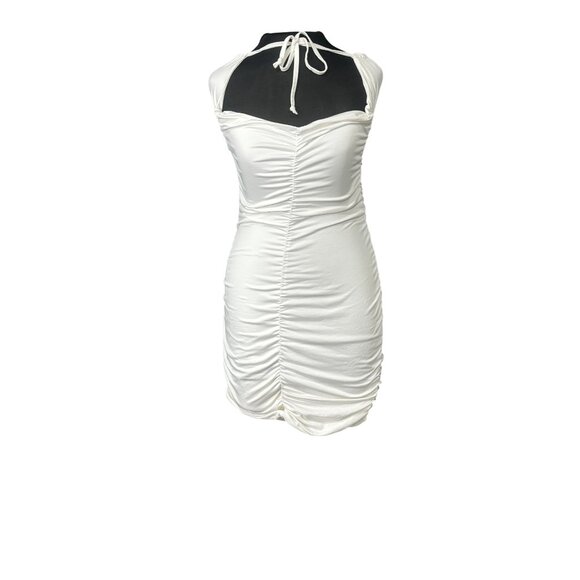 Shein White Ruched Halter Mini Dress With Open Back & Tie Details Size L - Picture 1 of 8